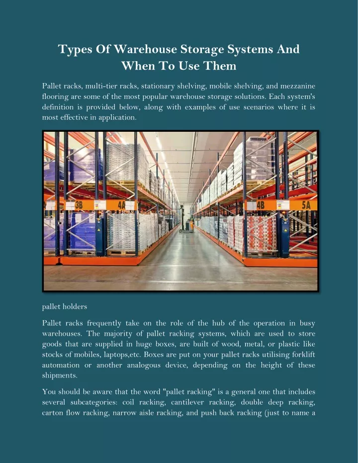 types of warehouse storage systems and when