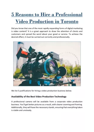 5 Reasons to Hire a Professional Video Production in Toronto
