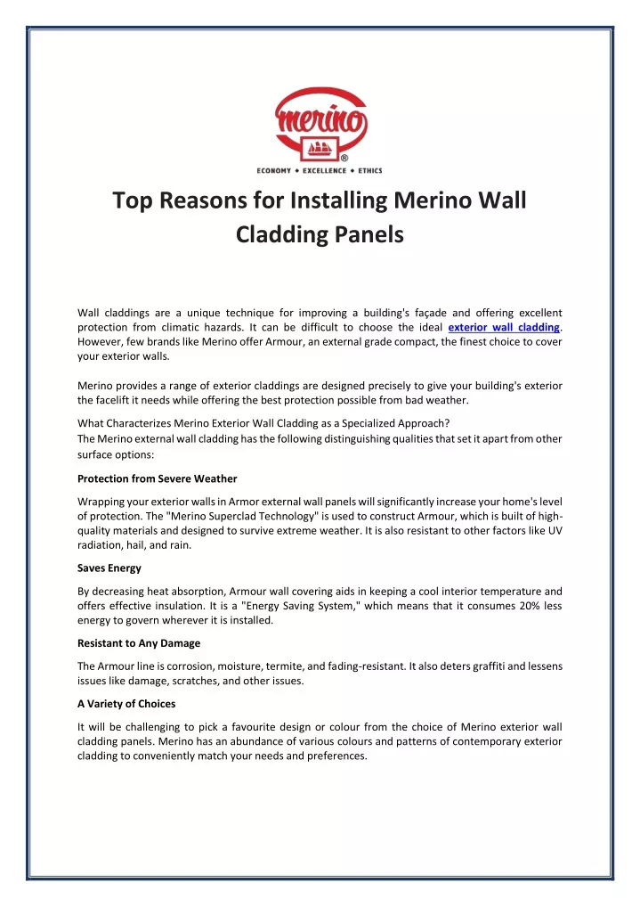 top reasons for installing merino wall cladding