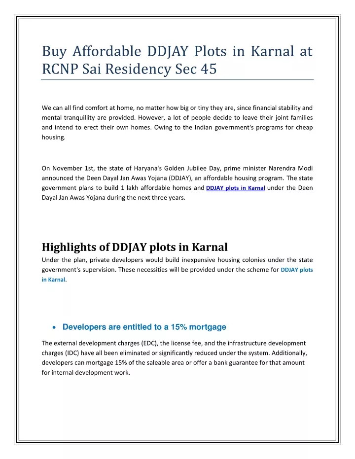 buy affordable ddjay plots in karnal at rcnp