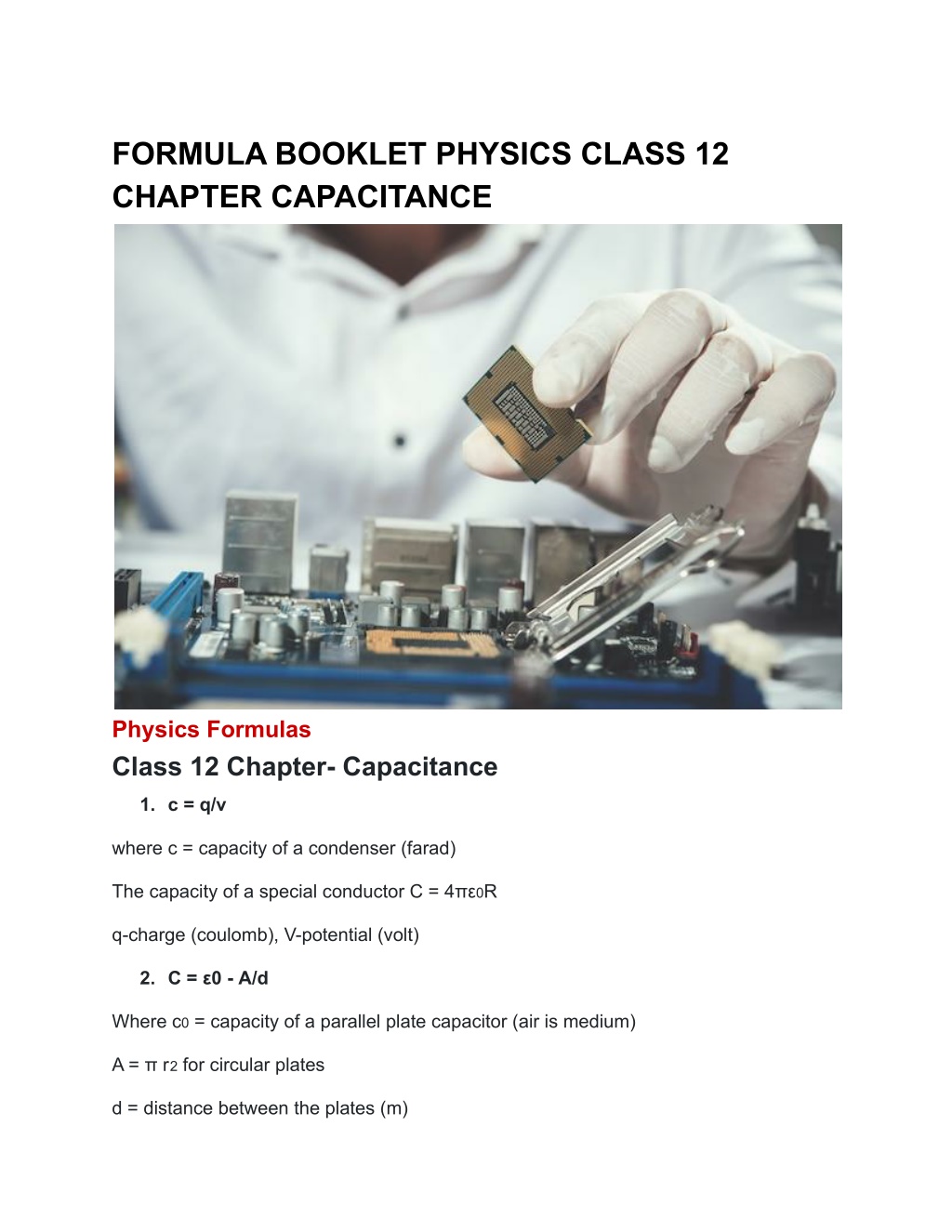 PPT - FORMULA BOOKLET PHYSICS CLASS 12 CHAPTER CAPACITANCE PowerPoint ...
