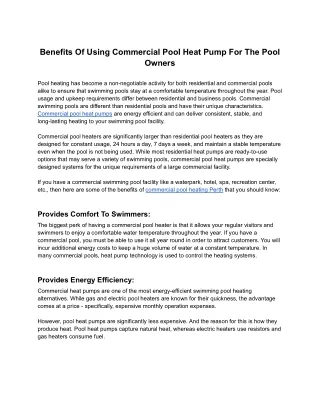 Benefits Of Using Commercial Pool Heat Pump For The Pool Owners