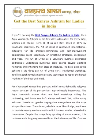 Get the Best Sanyas Ashram for Ladies in India