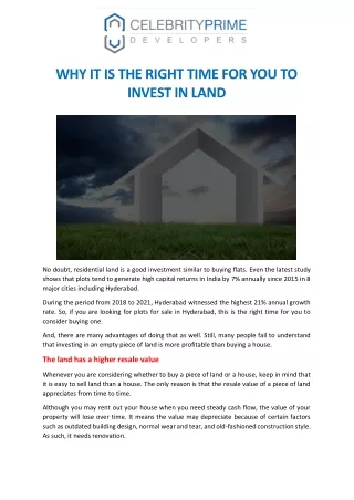 WHY IT IS THE RIGHT TIME FOR YOU TO INVEST IN LAND