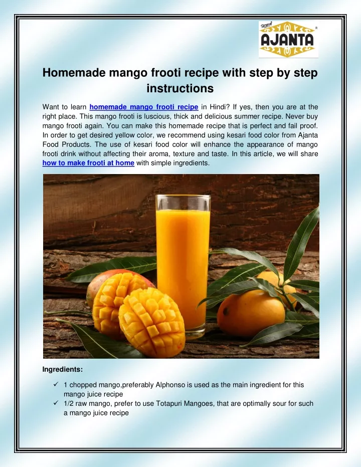 homemade mango frooti recipe with step by step