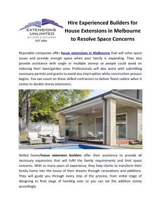 Hire Experienced Builders for House Extensions in Melbourne to Resolve Space Concerns