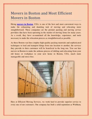 Movers in Boston and Most Efficient Movers in Boston