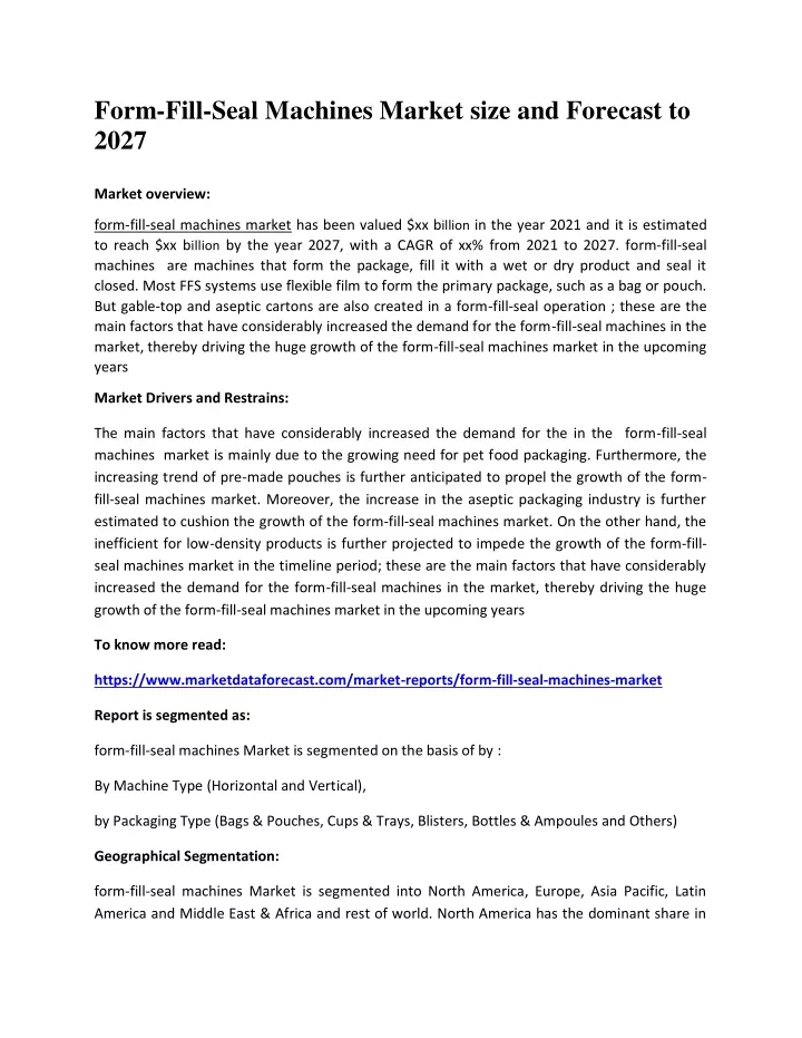form fill seal machines market size and forecast