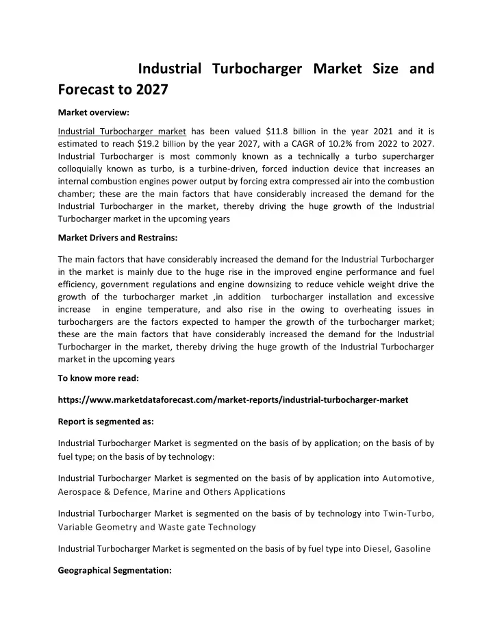 industrial turbocharger market size and forecast