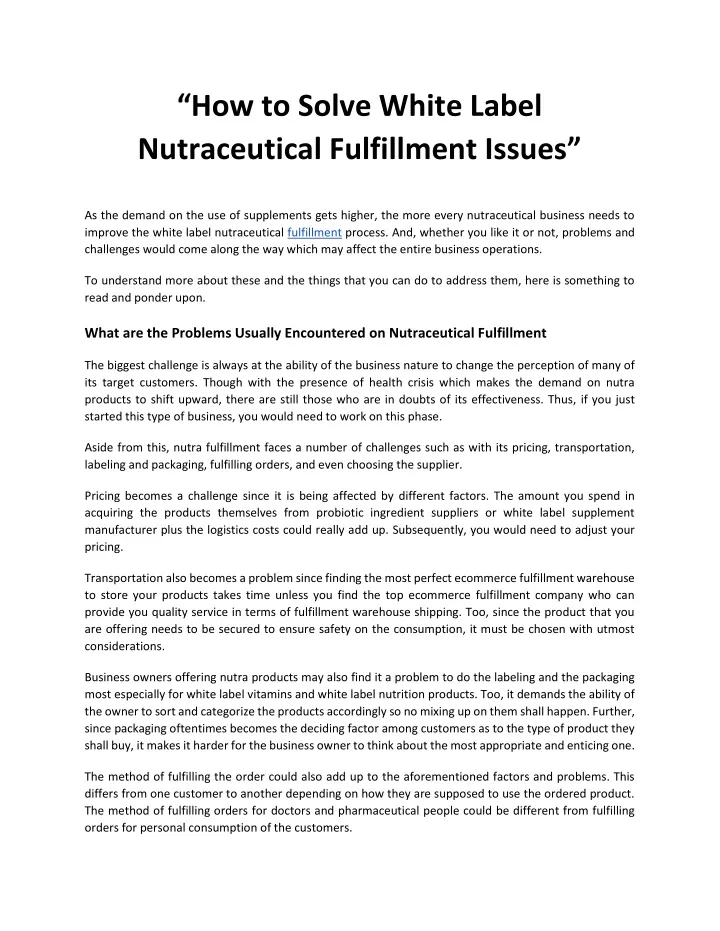 how to solve white label nutraceutical