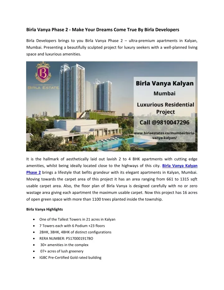 birla vanya phase 2 make your dreams come true