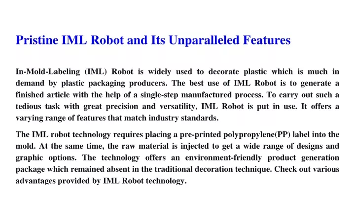 pristine iml robot and its unparalleled features