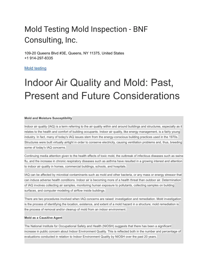 mold testing mold inspection bnf consulting inc