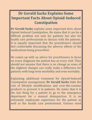 Dr Gerald Sacks Explains Some Important Facts About Opioid-Induced Constipation