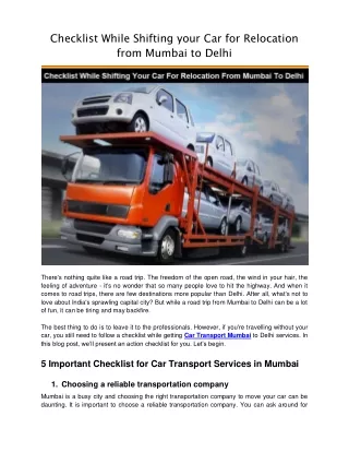 checklist while shifting your car for relocation