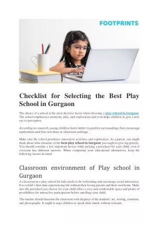 Checklist for Selecting the Best Play School in Gurgaon