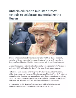 Ontario education minister directs schools to celebrate, memorialize the Queen