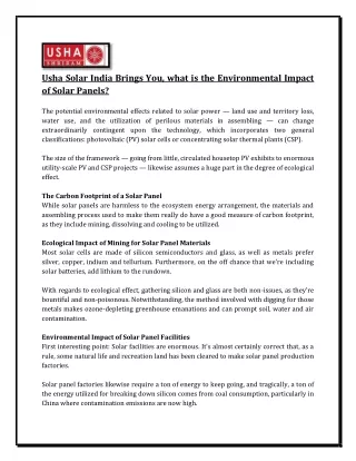 Usha Solar India Brings You, what is the Environmental Impact of Solar Panels?