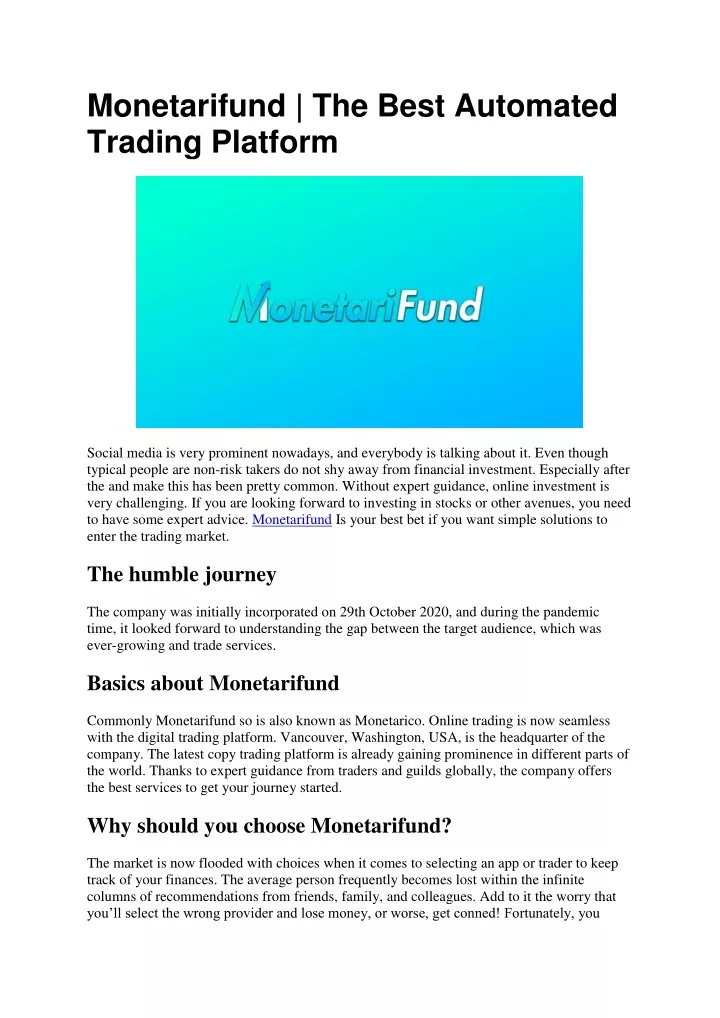 monetarifund the best automated trading platform