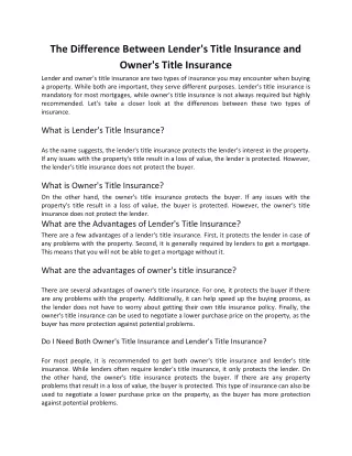 The Difference Between Lender's Title Insurance and Owner's Title Insurance