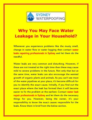 Why You May Face Water Leakage in Your Household?