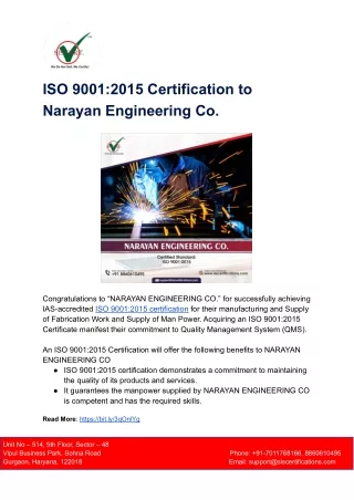 iso 9001 2015 certification to narayan