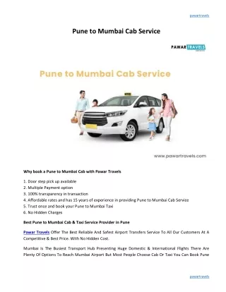 Pune to Mumbai Cab Service
