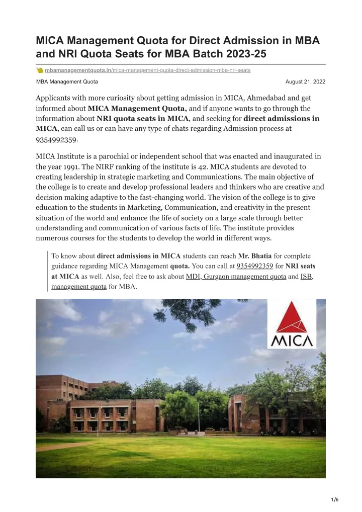 mica management quota for direct admission