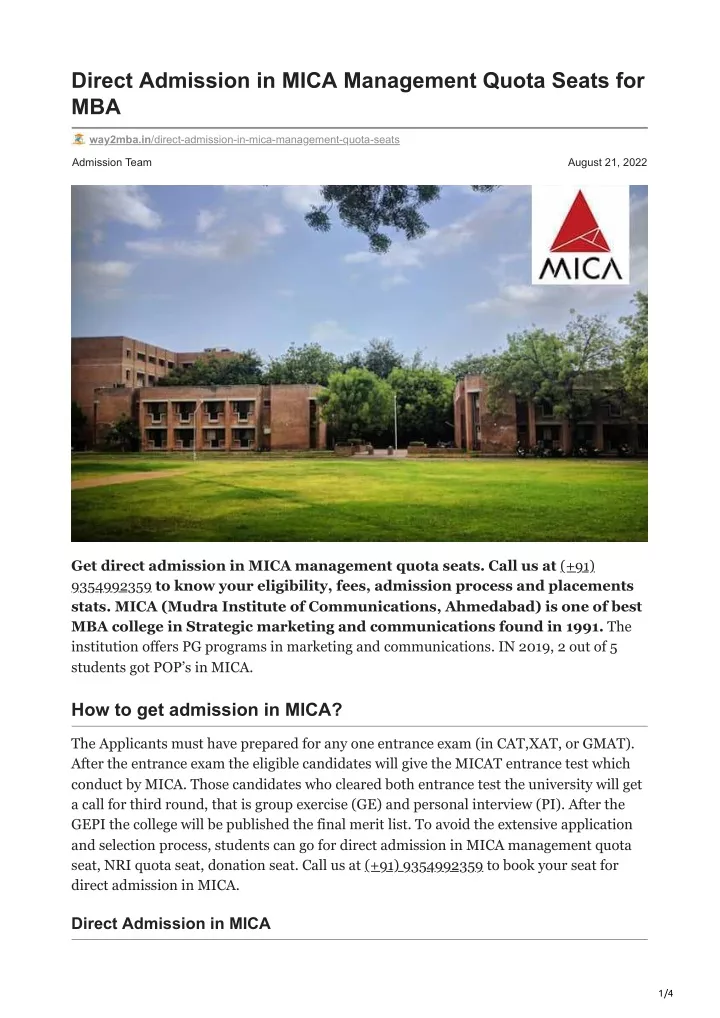 direct admission in mica management quota seats