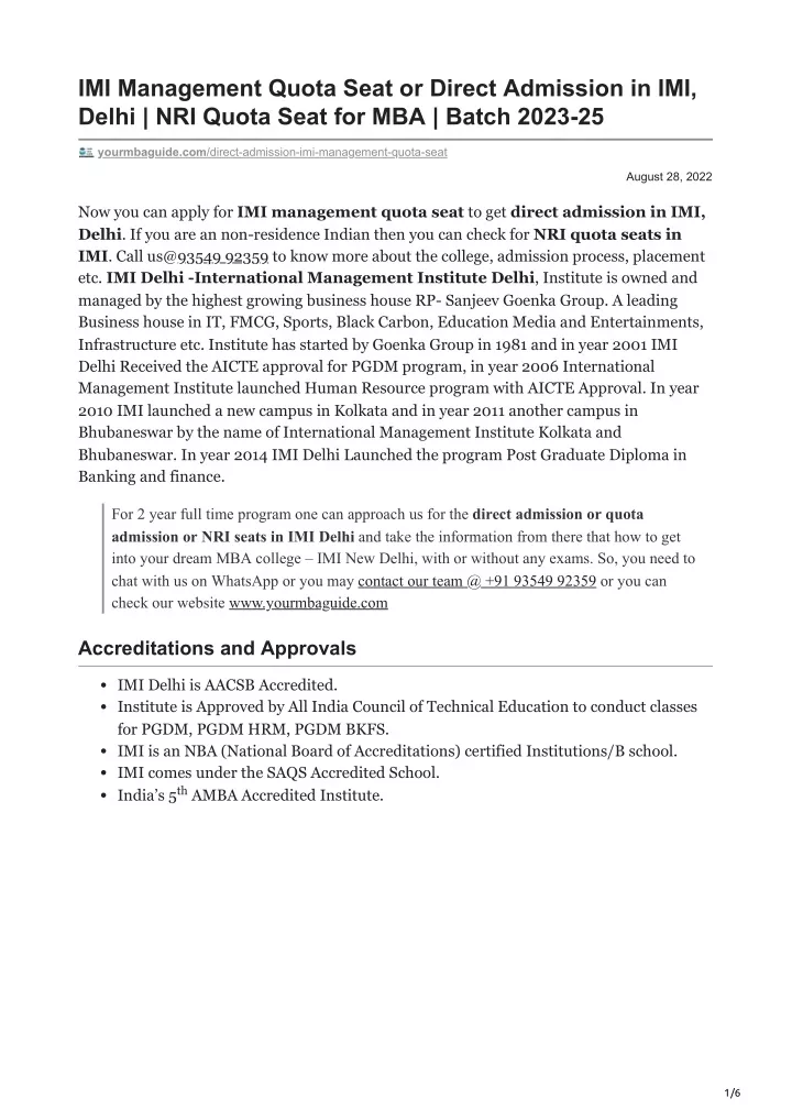 imi management quota seat or direct admission