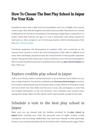 How To Choose The Best Play School In Jaipur For Your Kids