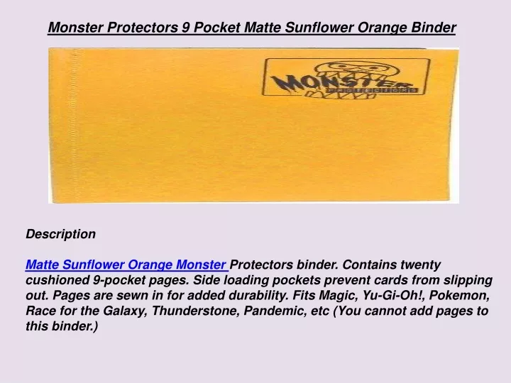 monster protectors 9 pocket matte sunflower