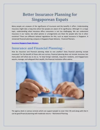 Better Insurance Planning for Singaporean Expats | Singapore Expat Advisory