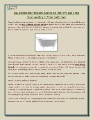 Buy Bathroom Products Online to Improve Look and Functionality of Your Bathroom