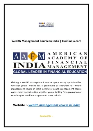 Wealth Management Course In India