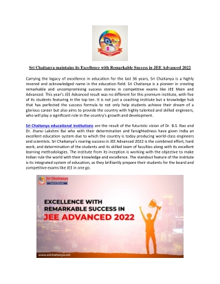 Sri Chaitanya maintains its Excellence with Remarkable Success in JEE Advanced 2022