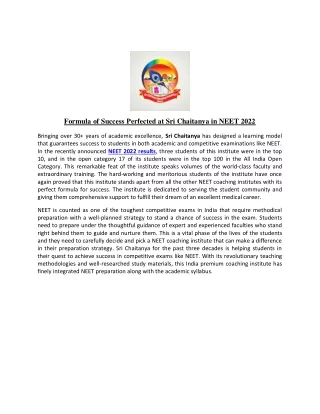Formula of Success Perfected at Sri Chaitanya in NEET 2022