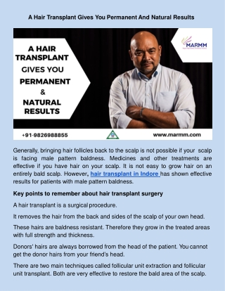 ​A Hair Transplant Gives You Permanent And Natural Results
