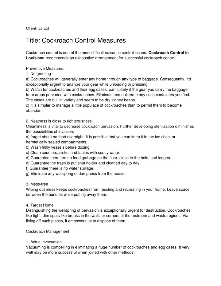 client jj ext title cockroach control measures