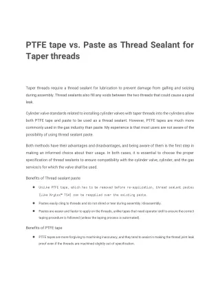 PTFE tape vs. Paste as Thread Sealant for Taper threads