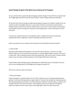 Social Change Projects That Went Live at Harvard YLC Program