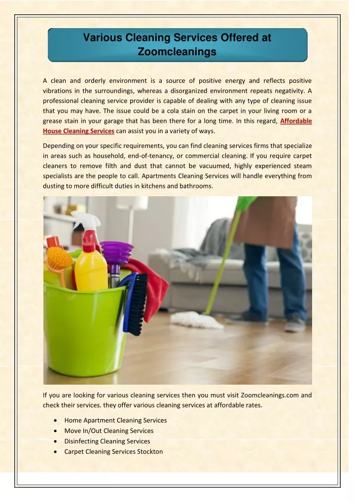 various cleaning services offered at zoomcleanings