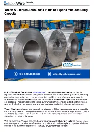 Yocon Aluminum Announces Plans to Expand Manufacturing Capacity