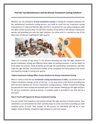 Find the Top Manufacturers and Get Bronze Investment Casting Solutions