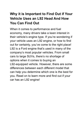 Why it is Important to Find Out if Your Vehicle Uses an L92 Head And How You Can Find Out