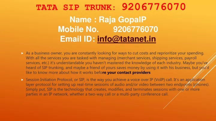 tata sip trunk 9206776070 name raja gopalp mobile