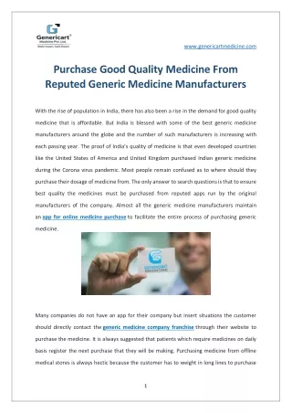 Purchase Good Quality Medicine From Reputed Generic Medicine Manufacturers