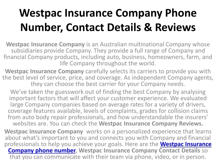 westpac insurance company phone number contact details reviews