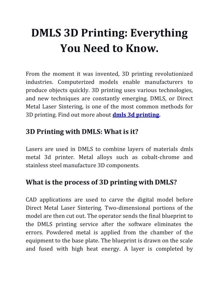 dmls 3d printing everything you need to know