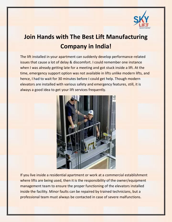 join hands with the best lift manufacturing